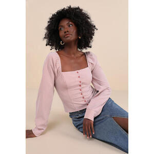 Lulus Demure And Sweet Terracotta Gingham Button-front Long Sleeve Top Pink
